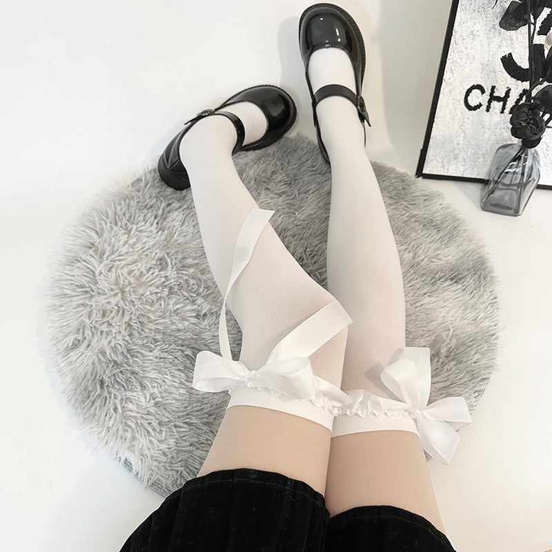 Ninejuize Thigh High Stockings with Bow, Santa Accessory Y2K Fishnet Socks with Lace Brim Lingerie Tights for Women - Image 3
